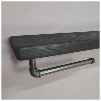 Wooden Handmade Rustic Kitchen Roll Silver Holder with Black Ash Shelf 6 inches 145mm Length of 80cm