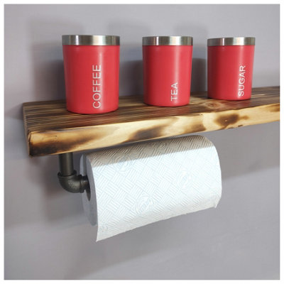 Wooden Handmade Rustic Kitchen Roll Silver Holder with Burnt Shelf