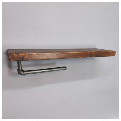 Wooden Handmade Rustic Kitchen Roll Silver Holder with Dark Oak Shelf 6 inches 145mm Length of 170cm