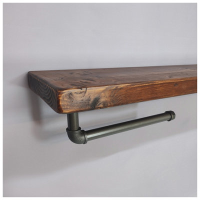 Wooden Handmade Rustic Kitchen Roll Silver Holder with Dark Oak Shelf 7 inches 175mm Length of 150cm