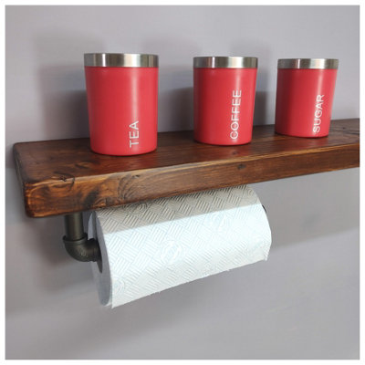 Wooden Handmade Rustic Kitchen Roll Silver Holder with Dark Oak Shelf 7