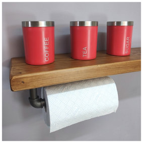 Wooden Handmade Rustic Kitchen Roll Silver Holder with Medium Oak Shelf 6 inches 145mm Length of 100cm