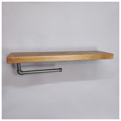 Wooden Handmade Rustic Kitchen Roll Silver Holder with Medium Oak Shelf 6 inches 145mm Length of 200cm