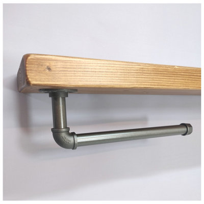 Wooden Handmade Rustic Kitchen Roll Silver Holder with Medium Oak Shelf 9 inches 225mm Length of 120cm