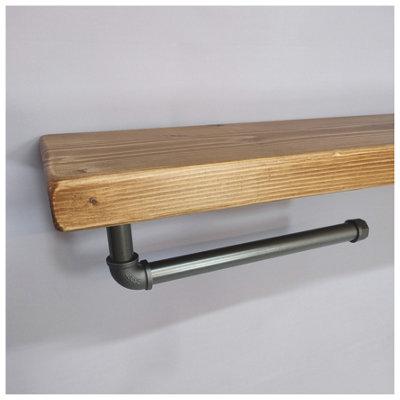 Wooden Handmade Rustic Kitchen Roll Silver Holder with Medium Oak Shelf 9 inches 225mm Length of 210cm