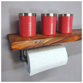 Wooden Handmade Rustic Kitchen Roll Silver Holder with Teak Shelf 6 inches 145mm Length of 130cm