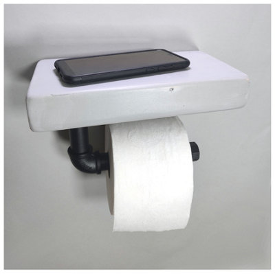 Wooden Handmade Rustic Toilet Roll Black Holder with Shelf Antique Grey 145mm Length of 25cm