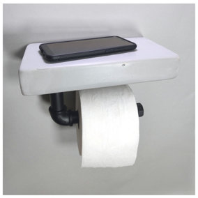 Wooden Handmade Rustic Toilet Roll Black Holder with Shelf Antique Grey 145mm Length of 25cm