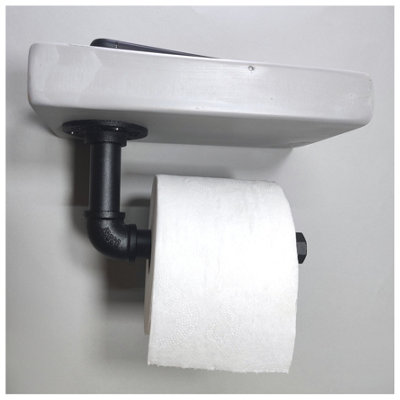 Wooden Handmade Rustic Toilet Roll Black Holder with Shelf Antique Grey 145mm Length of 25cm