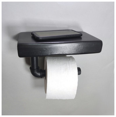 Wooden Handmade Rustic Toilet Roll Black Holder with Shelf Black Ash 145mm Length of 25cm Price Comparisons | Compare The Build