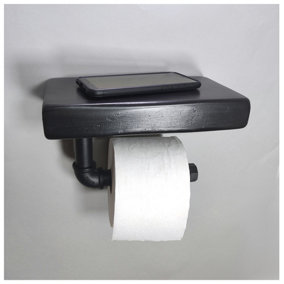 Wooden Handmade Rustic Toilet Roll Black Holder with Shelf Black Ash 145mm Length of 25cm