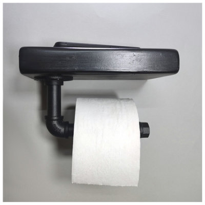 Wooden Handmade Rustic Toilet Roll Black Holder with Shelf Black Ash 145mm Length of 25cm