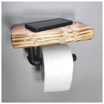 Wooden Handmade Rustic Toilet Roll Black Holder with Shelf Burnt 145mm Length of 25cm Price Comparisons | Compare The Build