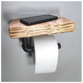 Wooden Handmade Rustic Toilet Roll Black Holder with Shelf Burnt 145mm Length of 25cm