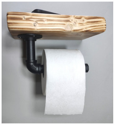 Wooden Handmade Rustic Toilet Roll Black Holder with Shelf Burnt 145mm Length of 25cm