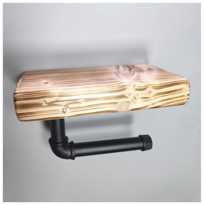 Wooden Handmade Rustic Toilet Roll Black Holder with Shelf Burnt 145mm Length of 25cm - 3