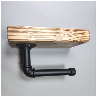 Wooden Handmade Rustic Toilet Roll Black Holder with Shelf Burnt 145mm Length of 25cm - 4