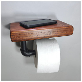 Wooden Handmade Rustic Toilet Roll Black Holder with Shelf Dark Oak 145mm Length of 25cm