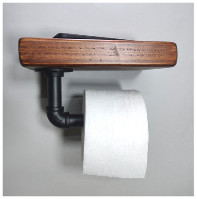 Wooden Handmade Rustic Toilet Roll Black Holder with Shelf Dark Oak 145mm Length of 25cm