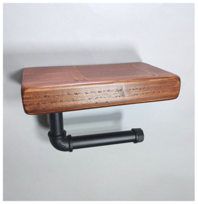 Wooden Handmade Rustic Toilet Roll Black Holder with Shelf Dark Oak 145mm Length of 25cm - 3
