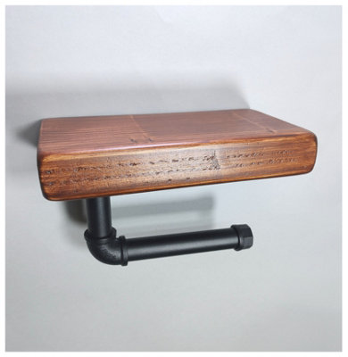 Wooden Handmade Rustic Toilet Roll Black Holder with Shelf Dark Oak 145mm Length of 25cm