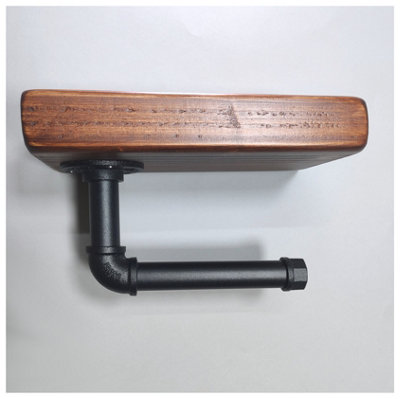 Wooden Handmade Rustic Toilet Roll Black Holder with Shelf Dark Oak 145mm Length of 25cm - 4
