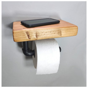 Wooden Handmade Rustic Toilet Roll Black Holder with Shelf Light Oak 145mm Length of 25cm