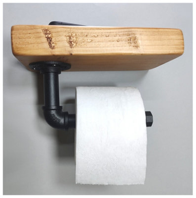 Wooden Handmade Rustic Toilet Roll Black Holder with Shelf Light Oak 145mm Length of 25cm