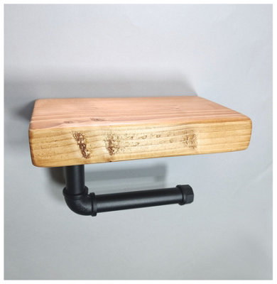 Wooden Handmade Rustic Toilet Roll Black Holder with Shelf Light Oak 145mm Length of 25cm - 3