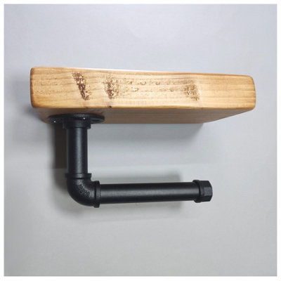 Wooden Handmade Rustic Toilet Roll Black Holder with Shelf Light Oak 145mm Length of 25cm - 4