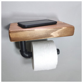 Wooden Handmade Rustic Toilet Roll Black Holder with Shelf Medium Oak 145mm Length of 25cm