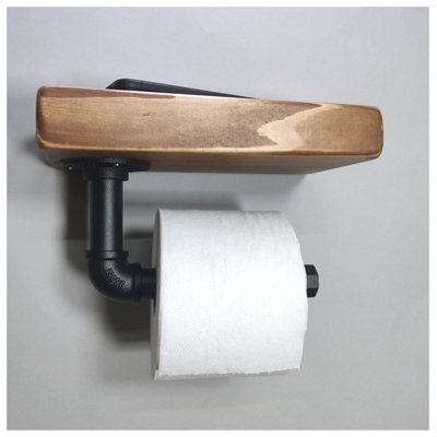 Wooden Handmade Rustic Toilet Roll Black Holder with Shelf Medium Oak 145mm Length of 25cm