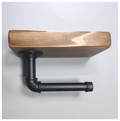 Wooden Handmade Rustic Toilet Roll Black Holder with Shelf Medium Oak 145mm Length of 25cm - 4