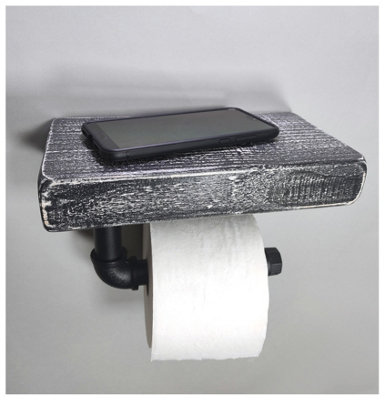 Wooden Handmade Rustic Toilet Roll Black Holder with Shelf Monochrome 145mm Length of 25cm
