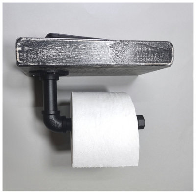 Wooden Handmade Rustic Toilet Roll Black Holder with Shelf Monochrome 145mm Length of 25cm