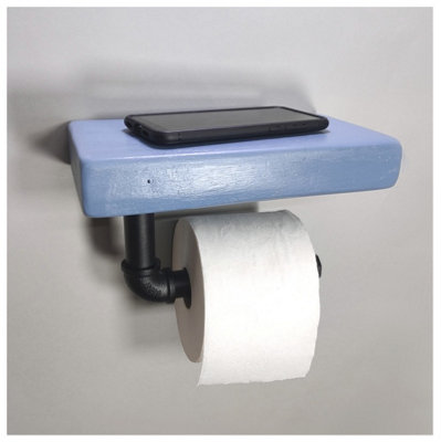 Wooden Handmade Rustic Toilet Roll Black Holder with Shelf Nordic Blue 145mm Length of 25cm