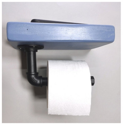 Wooden Handmade Rustic Toilet Roll Black Holder with Shelf Nordic Blue 145mm Length of 25cm