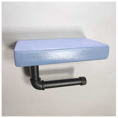 Wooden Handmade Rustic Toilet Roll Black Holder with Shelf Nordic Blue 145mm Length of 25cm - 3