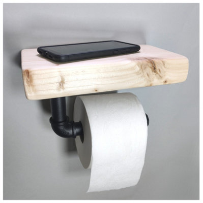 Wooden Handmade Rustic Toilet Roll Black Holder with Shelf Primed 145mm Length of 25cm