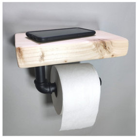 Wooden Handmade Rustic Toilet Roll Black Holder with Shelf Primed 145mm Length of 25cm