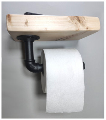 Wooden Handmade Rustic Toilet Roll Black Holder with Shelf Primed 145mm Length of 25cm