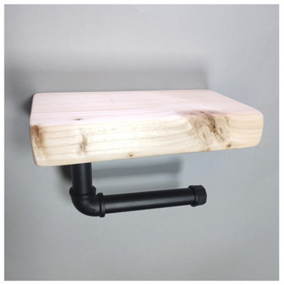 Wooden Handmade Rustic Toilet Roll Black Holder with Shelf Primed 145mm Length of 25cm - 3