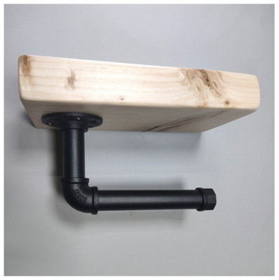 Wooden Handmade Rustic Toilet Roll Black Holder with Shelf Primed 145mm Length of 25cm - 4