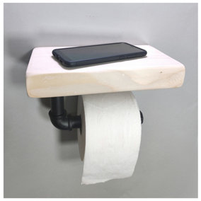 Wooden Handmade Rustic Toilet Roll Black Holder with Shelf Teak 145mm Length of 25cm