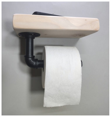 Wooden Handmade Rustic Toilet Roll Black Holder with Shelf Teak 145mm Length of 25cm