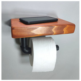 Wooden Handmade Rustic Toilet Roll Black Holder with Shelf Teak 145mm Length of 25cm