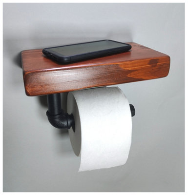 Wooden Handmade Rustic Toilet Roll Black Holder with Shelf Walnut 145mm Length of 25cm