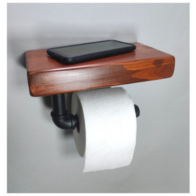 Wooden Handmade Rustic Toilet Roll Black Holder with Shelf Walnut 145mm Length of 25cm