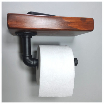 Wooden Handmade Rustic Toilet Roll Black Holder with Shelf Walnut 145mm Length of 25cm