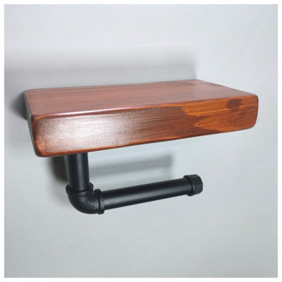 Wooden Handmade Rustic Toilet Roll Black Holder with Shelf Walnut 145mm Length of 25cm - 3